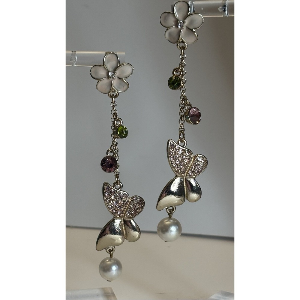 Y2K Butterfly Dangle Earrings Rhinestone Faux Pearl Enamel Flower 3.5" Pierced